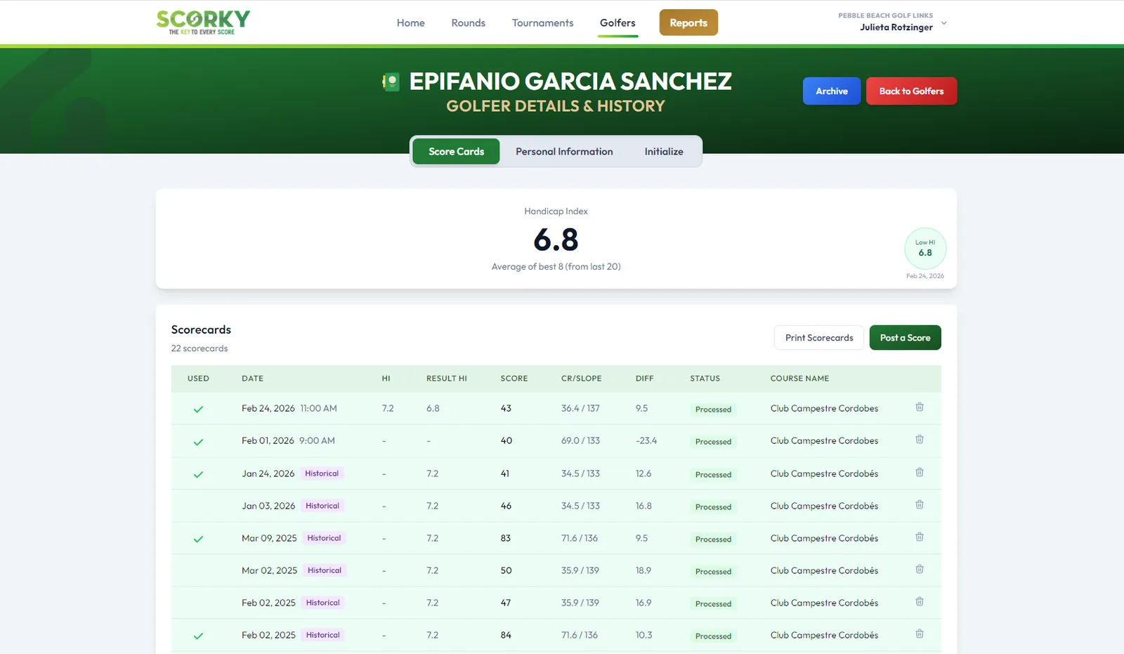Rondas de juego y scorecards en Scorky